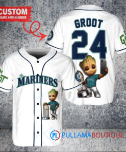 Seattle Mariners x Baby Groot Marvel Guardians Of The Galaxy with Trophy Custom Baseball Jersey White