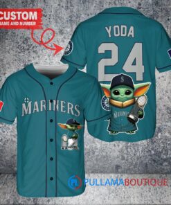 Seattle Mariners x Baby Yoda Star Wars The Mandalorian with Trophy Custom Baseball Jersey Aqua