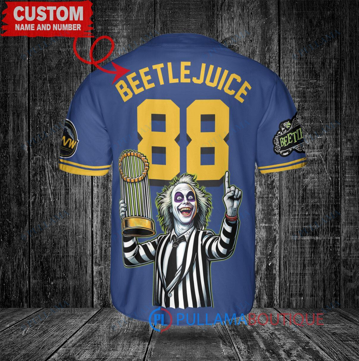 Boston Red Sox x Beetlejuice Halloween with World Series Trophy Custom Baseball Jersey Navy