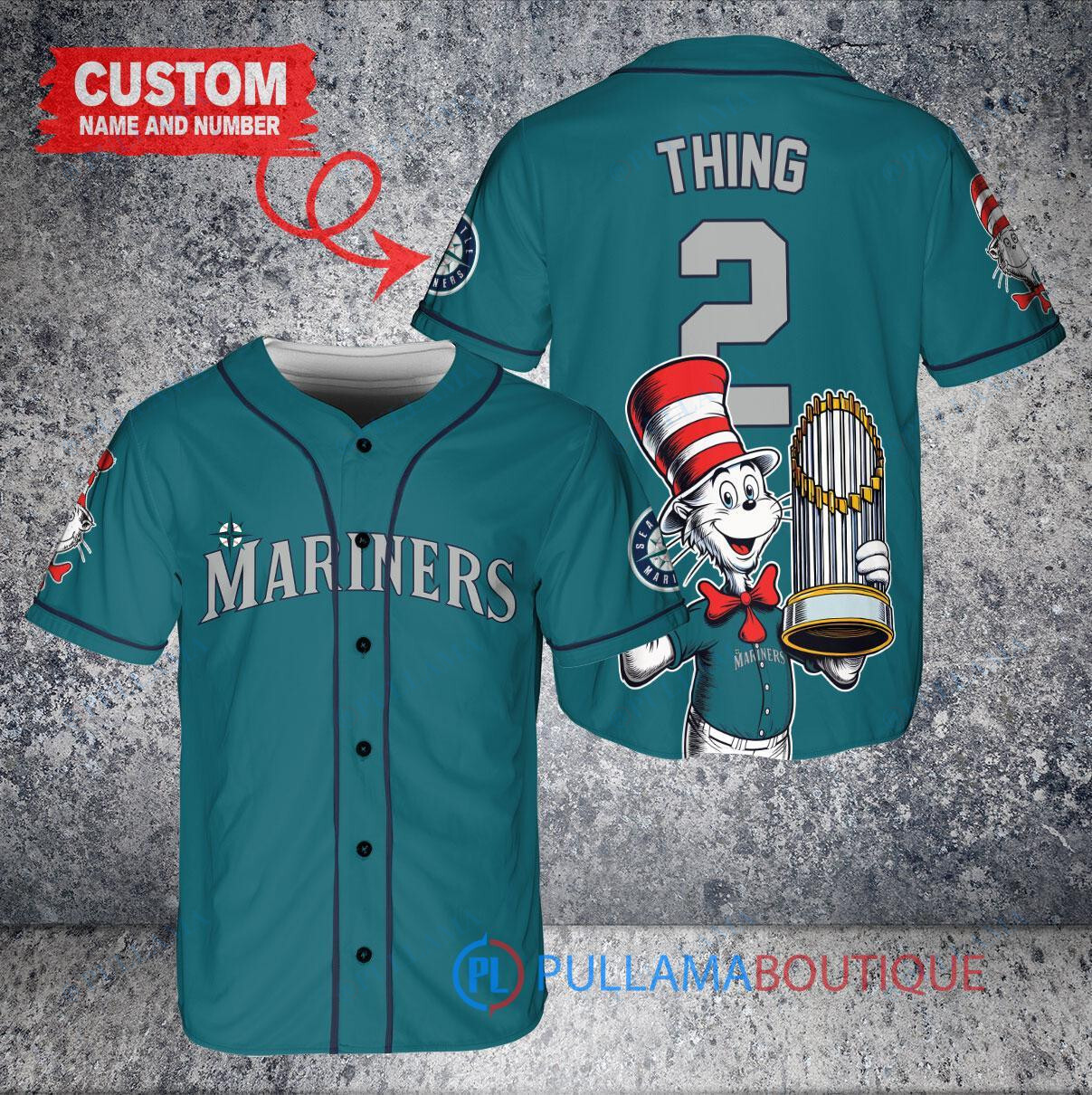 Miami Marlins x Dr Seuss with World Series Trophy Custom Baseball Jersey Black