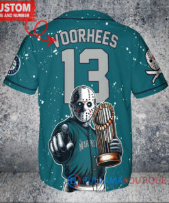 Seattle Mariners x Friday the 13th Jason Voorhees Halloween with World Series Trophy Custom Baseball Jersey Aqua