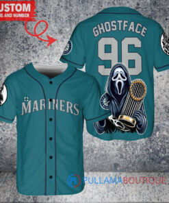 Seattle Mariners x Ghostface Scream Halloween Halloween with World Series Trophy Custom Baseball Jersey Aqua