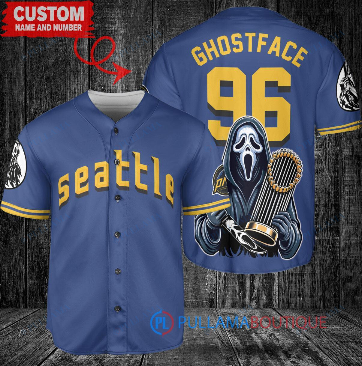 Atlanta Braves x Ghostface Scream Halloween Halloween with World Series Trophy Custom Baseball Jersey White City Connect