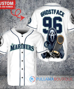 Seattle Mariners x Ghostface Scream Halloween Halloween with World Series Trophy Custom Baseball Jersey White