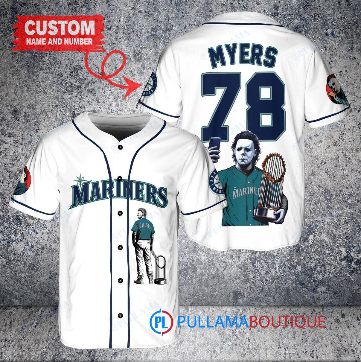 Miami Marlins x Halloween Michael Myers with Trophy Custom Baseball Jersey Black