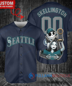 Seattle Mariners x Jack Skellington and Sally The Nightmare Before Christmas with World Series Trophy Custom Baseball Jersey Navy