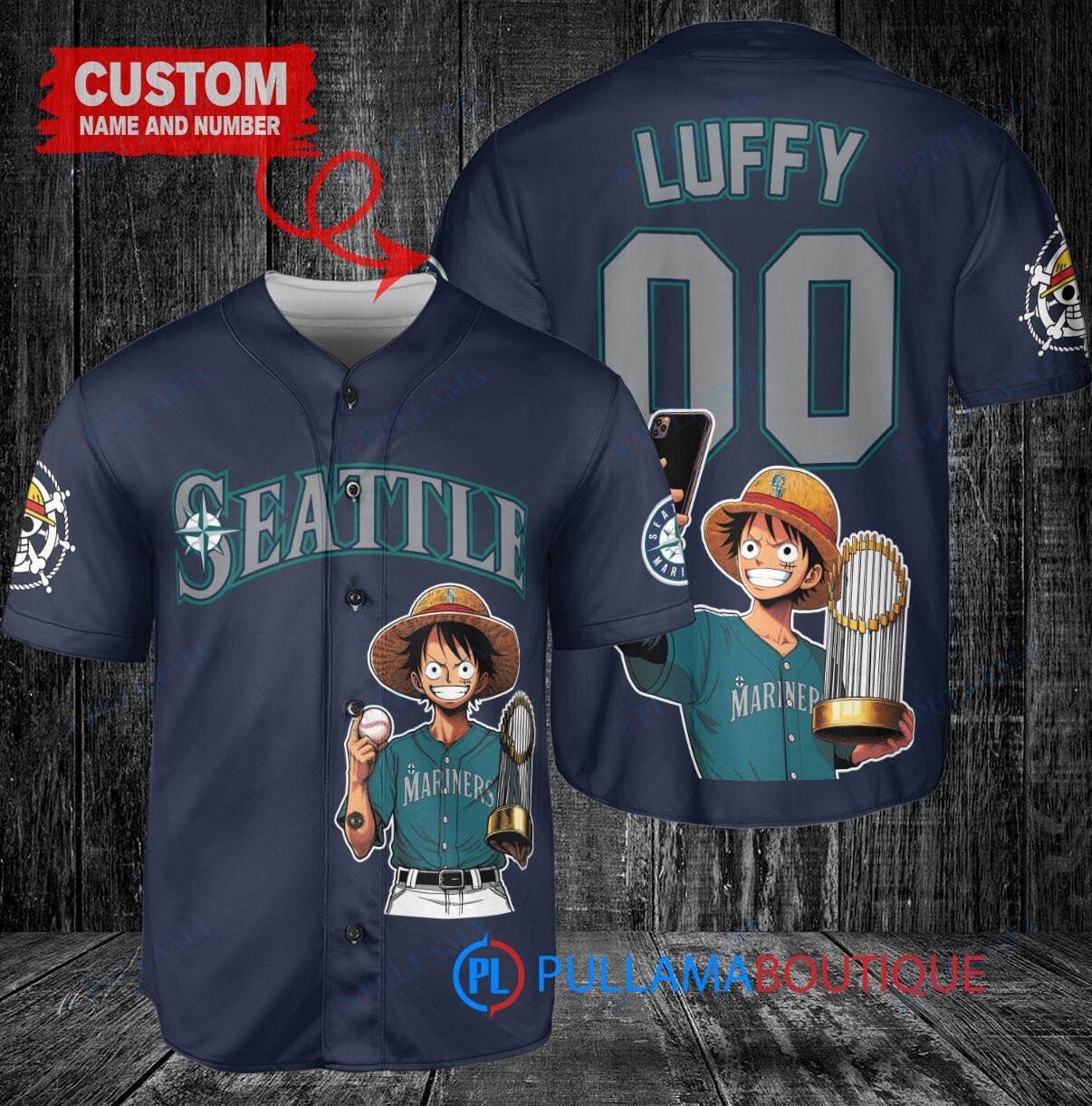 New York Mets x Luffy One Piece with Trophy Custom Baseball Jersey Black