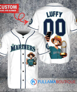 Seattle Mariners x Luffy One Piece with Trophy Custom Baseball Jersey White