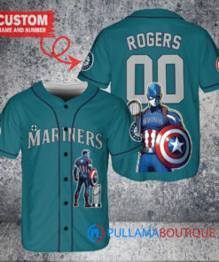 Seattle Mariners x Marvel Captain America Steve Rogers with Trophy Custom Baseball Jersey Aqua