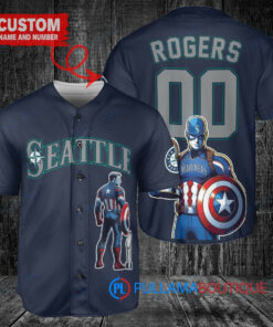 Seattle Mariners x Marvel Captain America Steve Rogers with Trophy Custom Baseball Jersey Royal