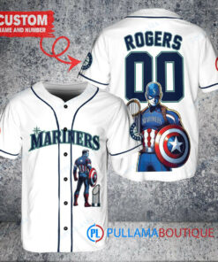 Seattle Mariners x Marvel Captain America Steve Rogers with Trophy Custom Baseball Jersey White