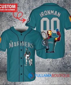 Seattle Mariners x Marvel Iron Man Tony Stark with Trophy Custom Baseball Jersey Aqua