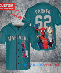 Seattle Mariners x Marvel Spiderman with Trophy Custom Baseball Jersey Aqua