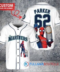 Seattle Mariners x Marvel Spiderman with Trophy Custom Baseball Jersey White