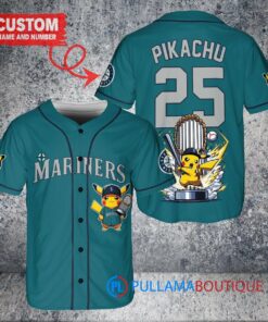 Seattle Mariners x Pikachu Pokemon with Trophy Custom Baseball Jersey Aqua