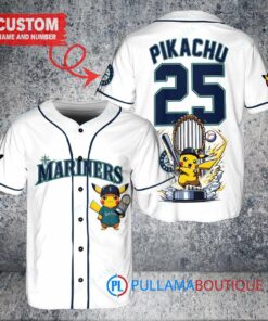 Seattle Mariners x Pikachu Pokemon with Trophy Custom Baseball Jersey White