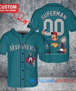 Seattle Mariners x Superman DC Comics with Trophy Custom Baseball Jersey Aqua