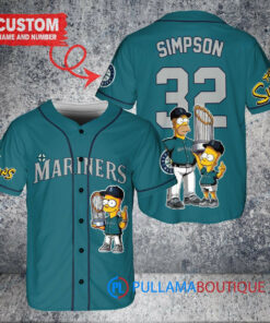 Seattle Mariners x The Simpsons Bart Simpson, Homer Simpson, Lisa Simpson with Trophy Custom Baseball Jersey Aqua