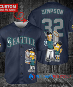 Seattle Mariners x The Simpsons Bart Simpson, Homer Simpson, Lisa Simpson with Trophy Custom Baseball Jersey Navy