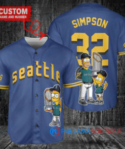 Seattle Mariners x The Simpsons Bart Simpson, Homer Simpson, Lisa Simpson with Trophy Custom Baseball Jersey Royal City Connect