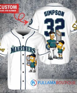 Seattle Mariners x The Simpsons Bart Simpson, Homer Simpson, Lisa Simpson with Trophy Custom Baseball Jersey White