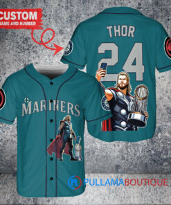 Seattle Mariners x Thor Marvel with Trophy Custom Baseball Jersey Aqua