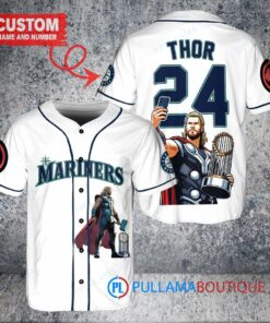 Seattle Mariners x Thor Marvel with Trophy Custom Baseball Jersey White