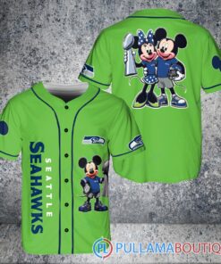 Seattle Seahawks x Mickey and Minnie with Trophy Baseball Jersey Kelly Green