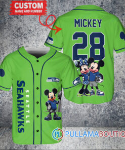 Seattle Seahawks x Mickey and Minnie with Trophy Custom Baseball Jersey Kelly Green