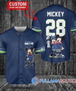 Seattle Seahawks x Mickey and Minnie with Trophy Custom Baseball Jersey Navy