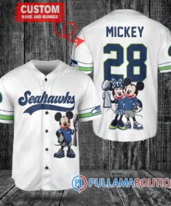 Seattle Seahawks x Mickey and Minnie with Trophy Custom Baseball Jersey White