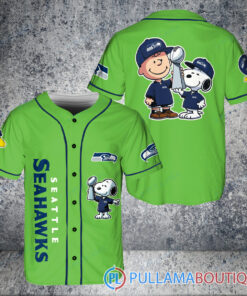 Seattle Seahawks x Snoopy and Charlie Brown with Trophy Baseball Jersey Kelly Green