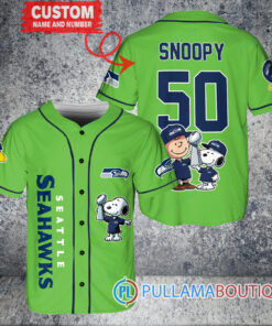 Seattle Seahawks x Snoopy and Charlie Brown with Trophy Custom Baseball Jersey Kelly Green