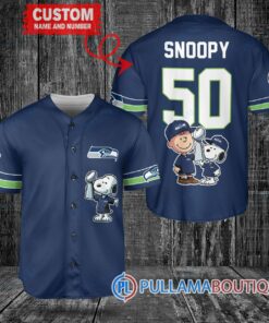 Seattle Seahawks x Snoopy and Charlie Brown with Trophy Custom Baseball Jersey Navy