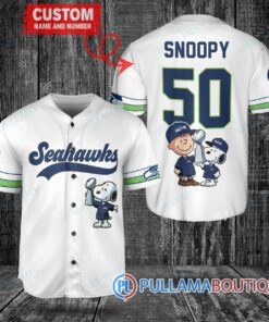 Seattle Seahawks x Snoopy and Charlie Brown with Trophy Custom Baseball Jersey White