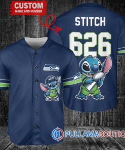 Seattle Seahawks x Stitch with Trophy Custom Baseball Jersey Navy