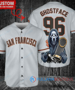 SF Giants Ghostface Scream Halloween World Series Trophy Baseball Jersey Gray