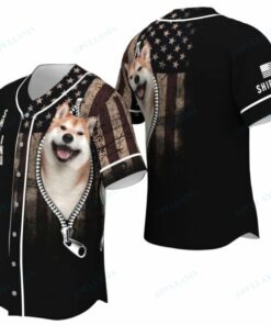 Shiba Inu Zipper Usa Flag Baseball Jersey