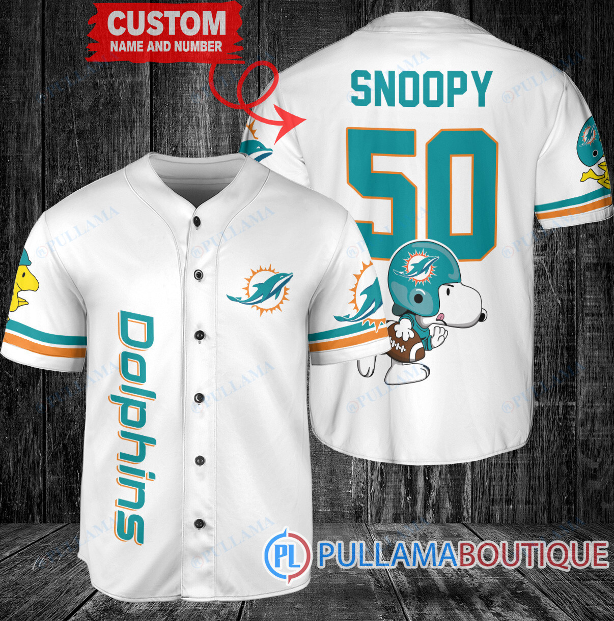 Snoopy Miami Dolphins  Custom Baseball Jersey Aqua