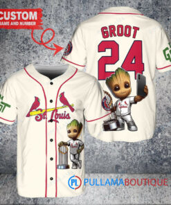 St. Louis Cardinals x Baby Groot Marvel Guardians Of The Galaxy with Trophy Custom Baseball Jersey Cream