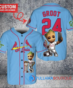 St. Louis Cardinals x Baby Groot Marvel Guardians Of The Galaxy with Trophy Custom Baseball Jersey Light Blue