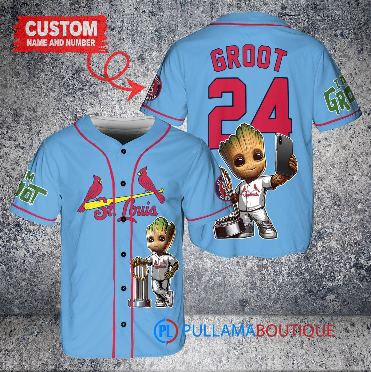 Miami Marlins x Baby Groot Marvel Guardians Of The Galaxy with Trophy Custom Baseball Jersey White