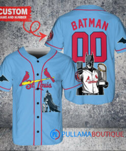 St. Louis Cardinals x DC Comics Batman The Dark Knight with Trophy Custom Baseball Jersey Light Blue