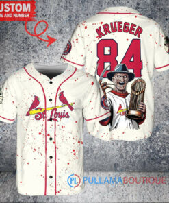 St. Louis Cardinals x Freddy Krueger A Nightmare on Elm Street Halloween with World Series Trophy Custom Baseball Jersey Cream