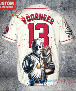 St. Louis Cardinals x Friday the 13th Jason Voorhees Halloween with World Series Trophy Custom Baseball Jersey Cream