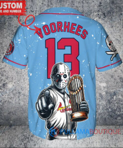 St. Louis Cardinals x Friday the 13th Jason Voorhees Halloween with World Series Trophy Custom Baseball Jersey Light Blue