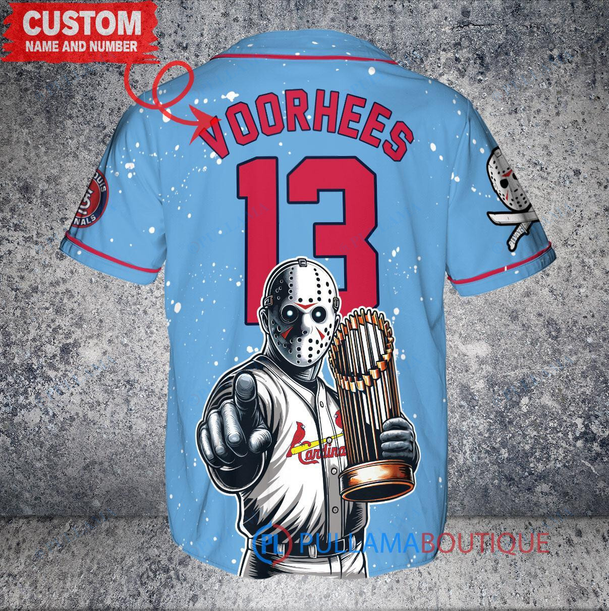 Philadelphia Phillies x Friday the 13th Jason Voorhees Halloween with World Series Trophy Custom Baseball Jersey Light Blue