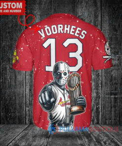 St. Louis Cardinals x Friday the 13th Jason Voorhees Halloween with World Series Trophy Custom Baseball Jersey Red City Connect