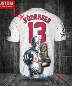 St. Louis Cardinals x Friday the 13th Jason Voorhees Halloween with World Series Trophy Custom Baseball Jersey White