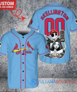 St. Louis Cardinals x Jack Skellington and Sally The Nightmare Before Christmas with World Series Trophy Custom Baseball Jersey Light Blue